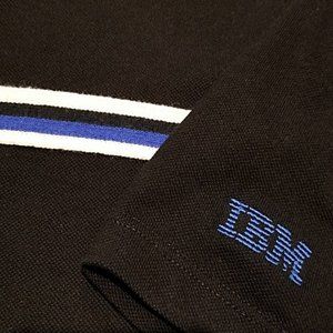 Vintage IBM Corporate Polo Shirt Large Black Blue Stripe USA MTI Made